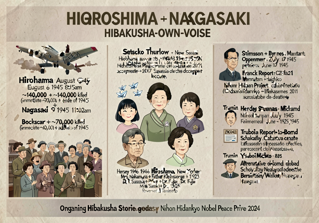 MG-17 HIROSHIMA + NAGASAKI HIBAKUSHA-OWN-VOICE poster — 24x36; LEFT THIRD names Hiroshima August 6 1945 8:15am Enola Gay