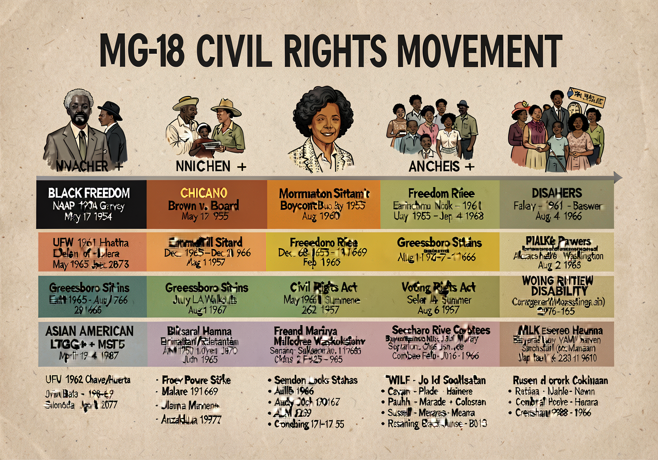 MG-18 LONG CIVIL RIGHTS MOVEMENT poster — 36x60; HORIZONTAL TIMELINE 1909-present; FIVE PARALLEL TRACKS color-coded: (1)