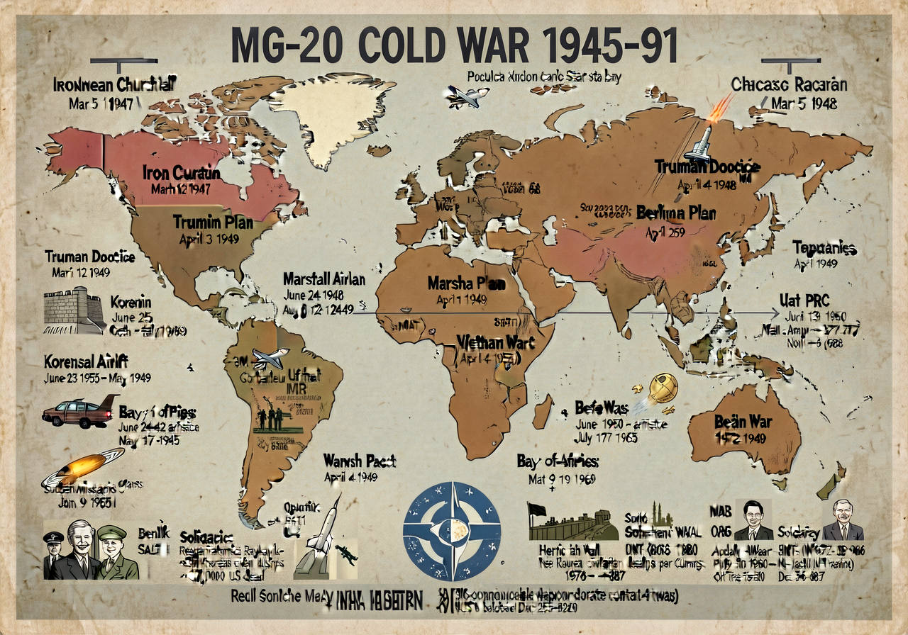 MG-20 COLD WAR 1945-91 poster — 36x48; world map + timeline; Iron Curtain Churchill Mar 5 1946 Fulton MO; Truman Doctrin