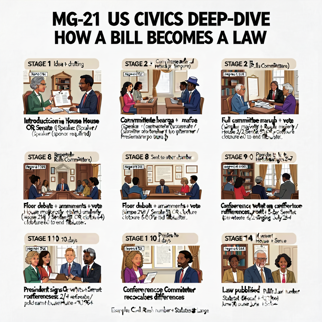MG-21 US CIVICS DEEP-DIVE — HOW A BILL BECOMES A LAW (14 stages) wall poster — 36x48; STAGE 1 Idea + drafting; STAGE 2 I