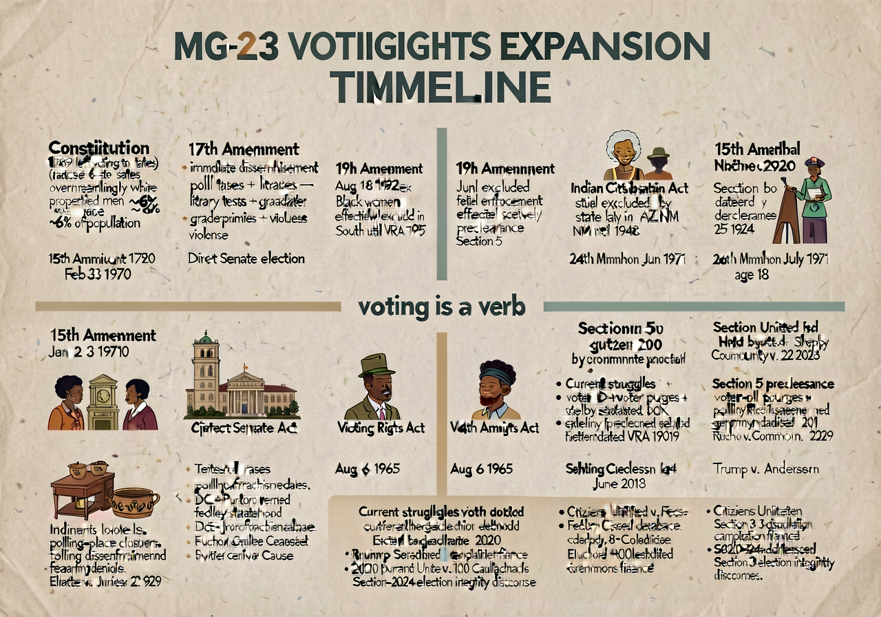MG-23 VOTING RIGHTS EXPANSION TIMELINE wall chart (24x60) — 1789-2026; Constitution 1789 left voting to states (overwhel
