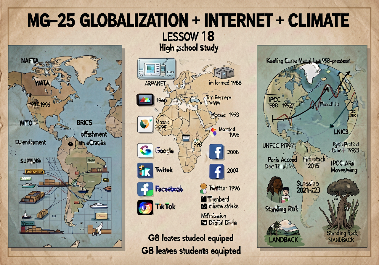 MG-25 GLOBALIZATION + INTERNET + CLIMATE preview poster (24x36) — for Lesson 18; left panel globalization (NAFTA 1994 + 