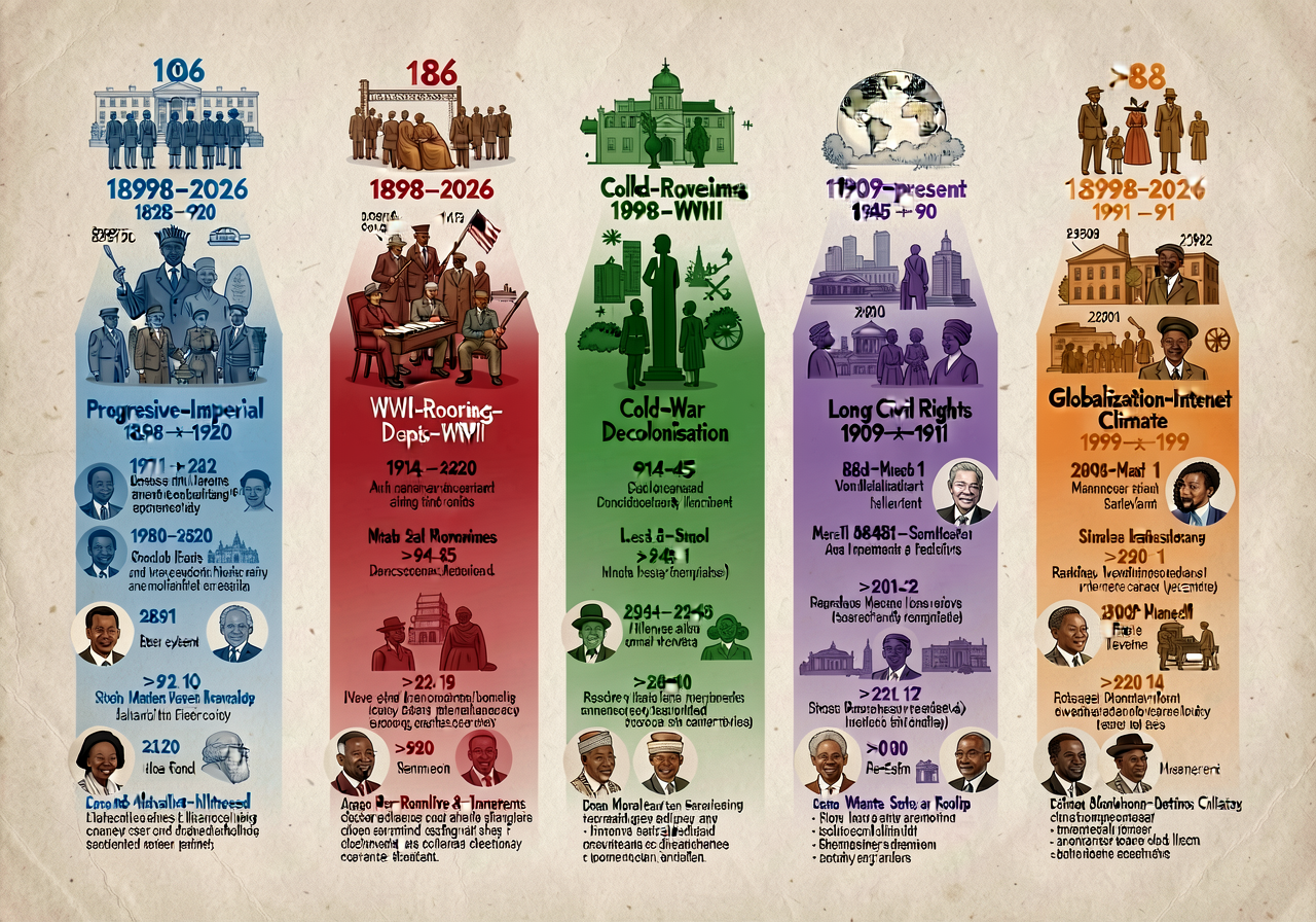 36x96 inch wall banner; FIVE color-coded thematic arcs 1898-2026: blue Progressive-Imperial 1898-1920; red WWI-Roaring-D