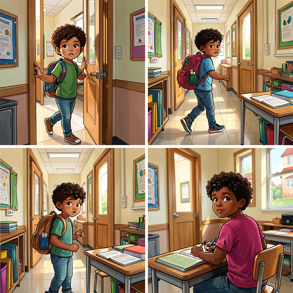 Photo grid 4x1: (1) child hesitating in classroom doorway, hand on jamb, half-turned; (2) child mid-stride in hallway, b