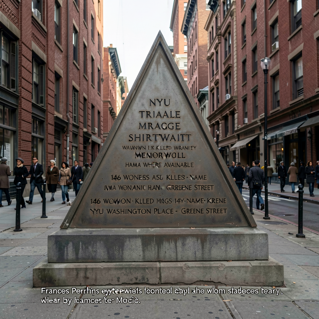 Photograph of contemporary Triangle Shirtwaist Memorial NYU Washington Place + Greene Street; with caption naming 146 wo