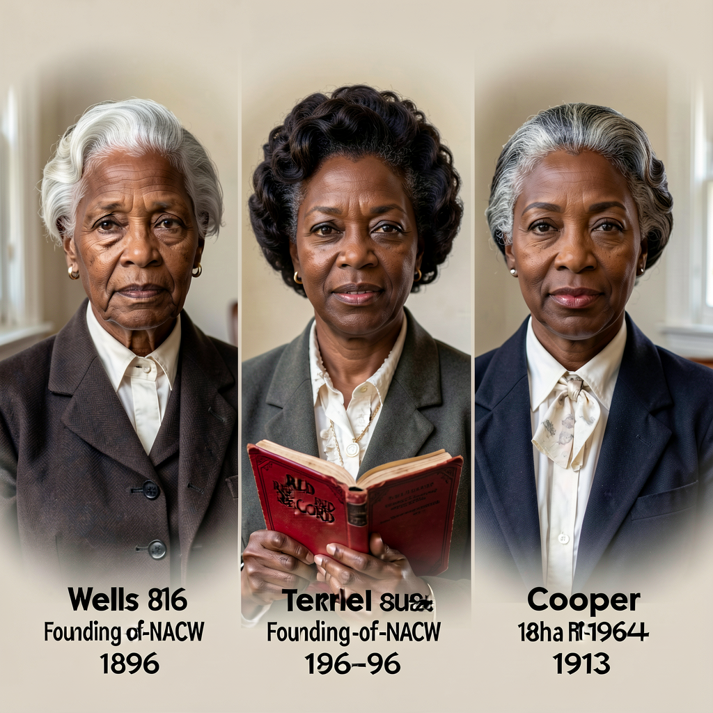 Three-portrait composite of Wells (1862-1931) + Terrell (1863-1954) + Cooper (1858-1964) with founding-of-NACW 1896 + Al