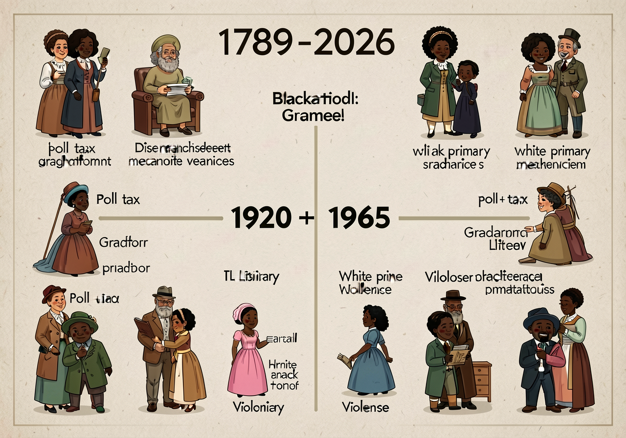 24x60 wall chart 1789-2026; emphasizes 1920 + 1965 gap for Black women; multiple disenfranchisement mechanisms named (po