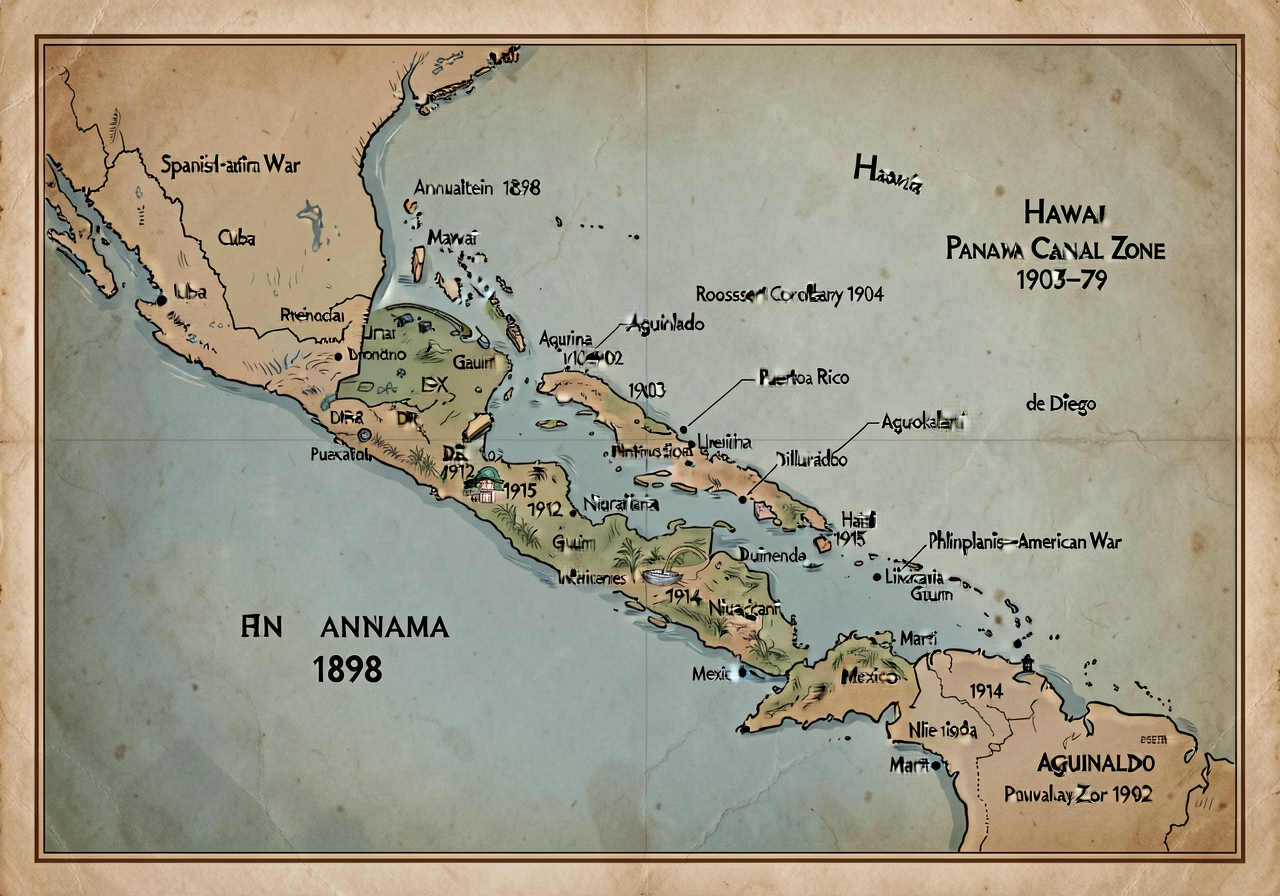 24x36 map; Spanish-American War 1898 + Cuba + Puerto Rico + Philippines + Guam; Hawaii annexation 1898; Panama Canal Zon