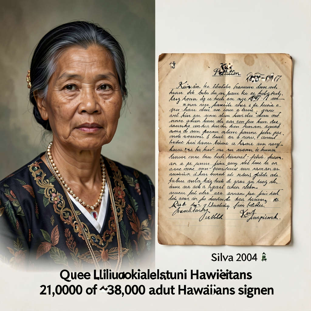 Portrait Queen Liliuokalani (1838-1917) + image of one Ku'e Petition page with Hawaiian-language signatures + 1897 capti