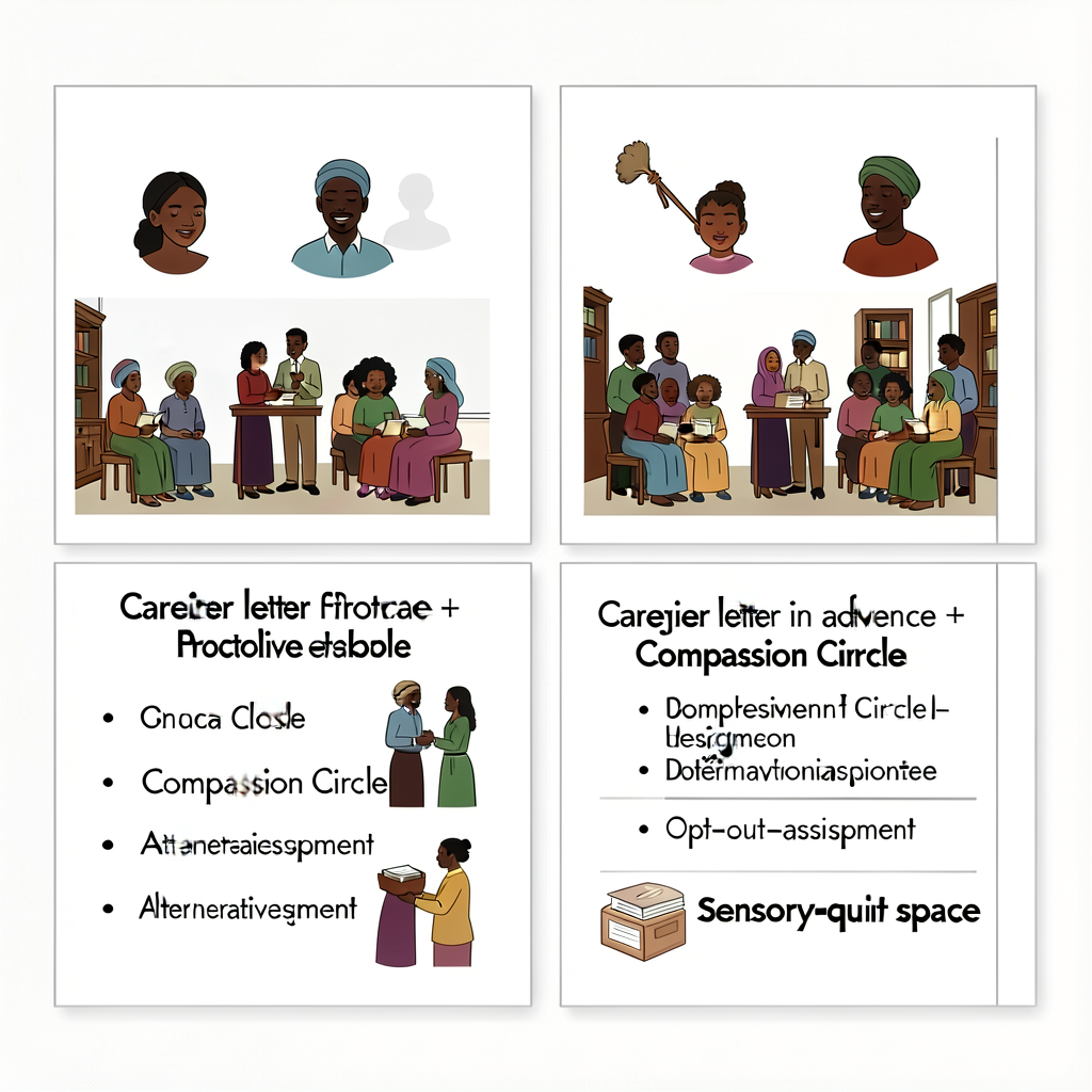 8.5x11 laminated double-sided protocol card on every table; caregiver letter in advance + Compassion Circle close + alte