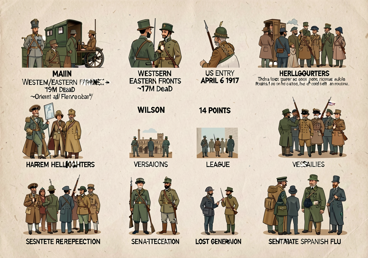 24x36; MAIN causes + Western/Eastern Fronts + ~17M dead + US entry April 6 1917 + Harlem Hellfighters + Wilson 14 Points