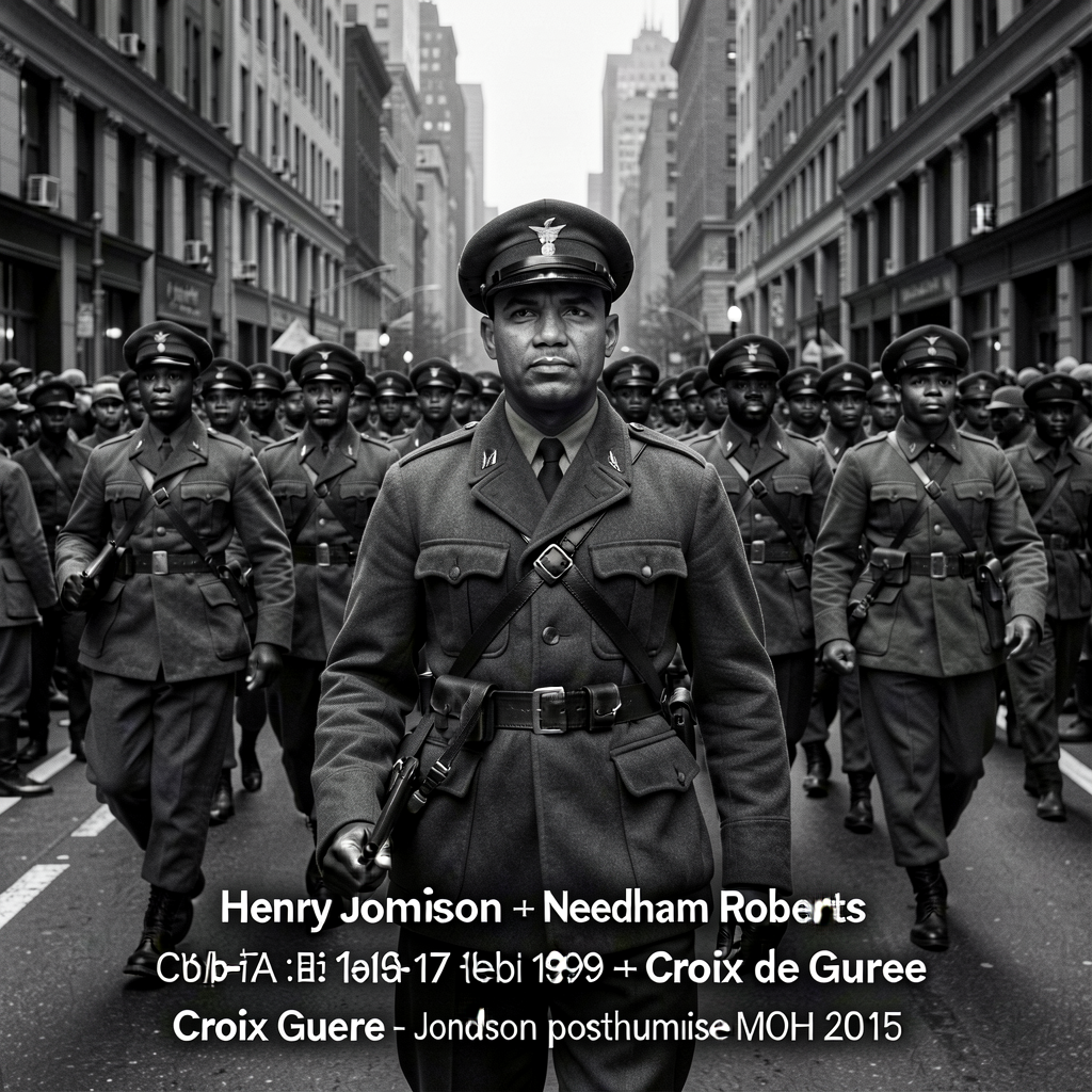 Black-and-white photo Harlem Hellfighters parade Feb 17 1919 Fifth Avenue NYC with caption naming Henry Johnson + Needha