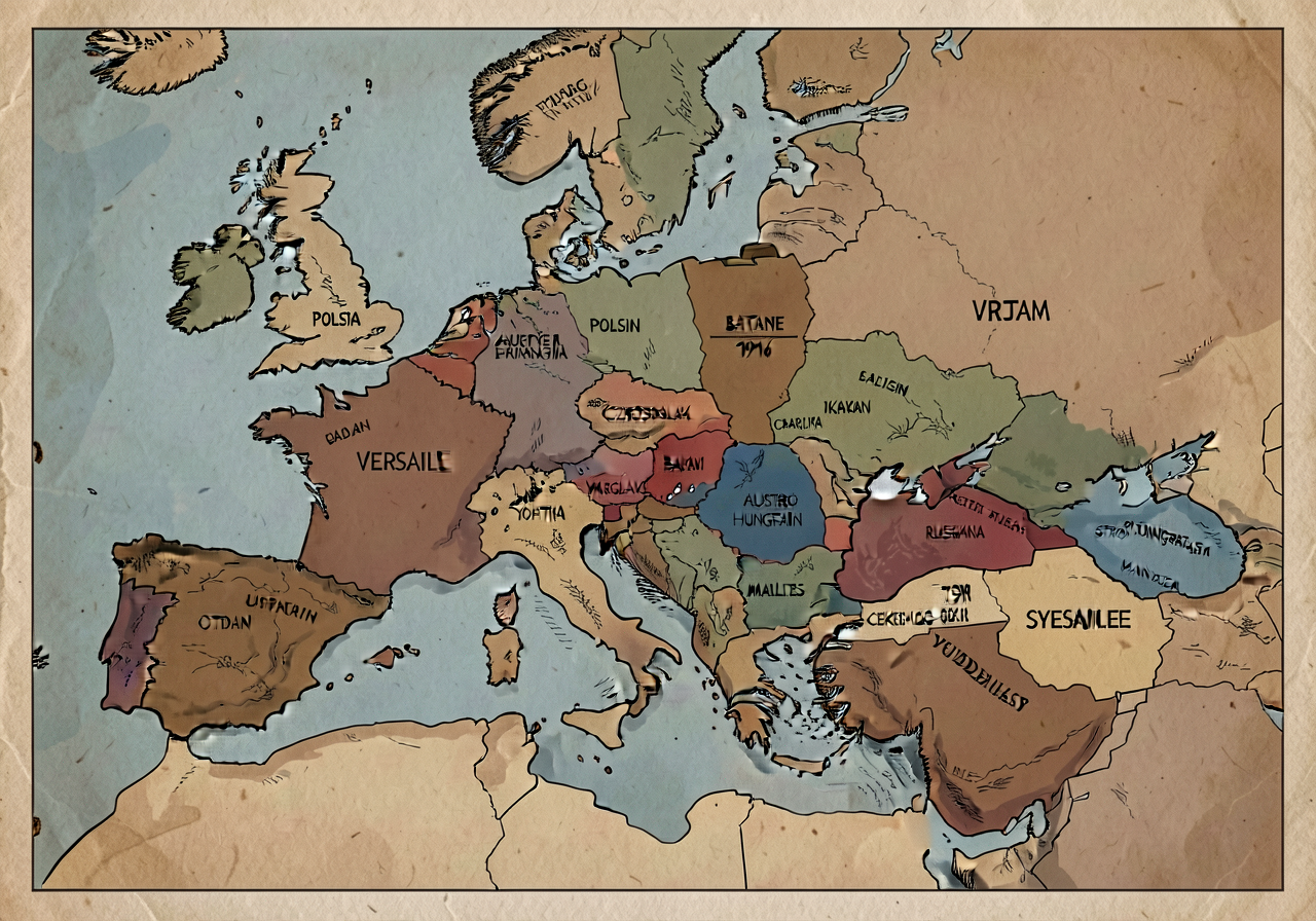 Map Europe + Middle East before/after Versailles with Polish + Czechoslovak + Yugoslav + Baltic states emerging; Ottoman