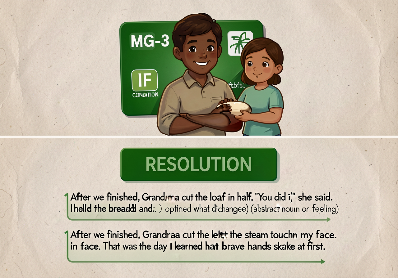 11x17 anchor split: top half MG-3 with IF (green card, CONDITION) highlighted; bottom half a RESOLUTION anchor — green R