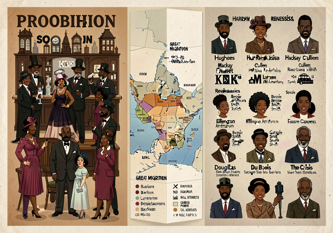 24x36 poster; left half Prohibition + speakeasies + flappers + Scopes + KKK; right half Harlem Renaissance (Hughes + Hur