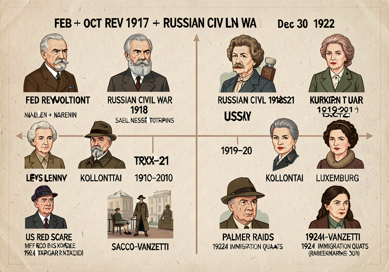 18x24 chart; Feb + Oct Revolutions 1917 + Russian Civil War 1918-21 + USSR formation Dec 30 1922; named Lenin + Trotsky 