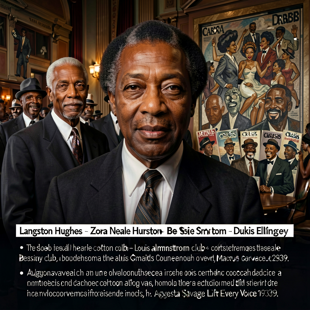 Composite portrait Langston Hughes + Zora Neale Hurston + Duke Ellington at the Cotton Club + Louis Armstrong + Bessie S