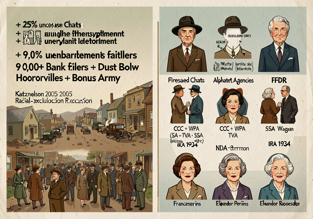 24x36; left half causes + 25% unemployment + 9,000+ bank failures + Dust Bowl + Hoovervilles + Bonus Army; right half FD