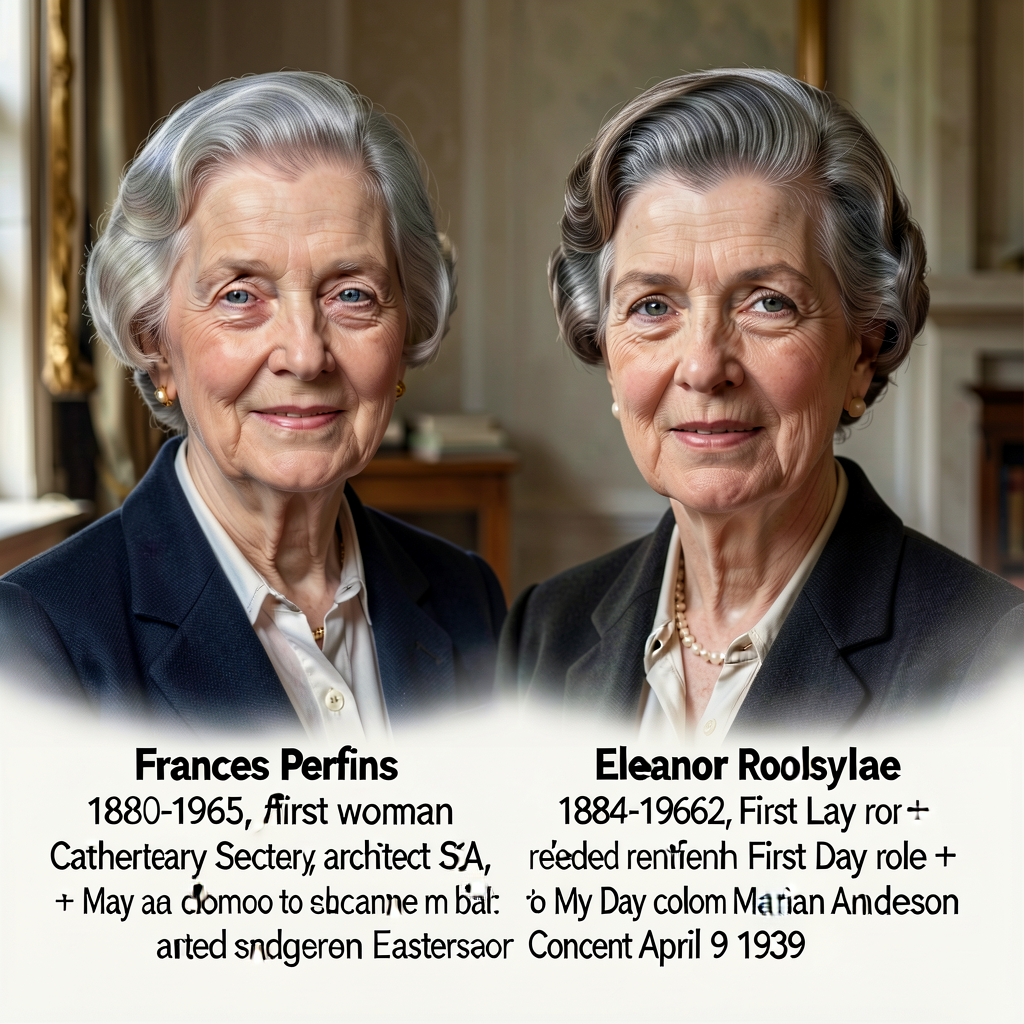 Dual portrait Frances Perkins (1880-1965, first woman Cabinet Secretary, architect SSA) + Eleanor Roosevelt (1884-1962, 