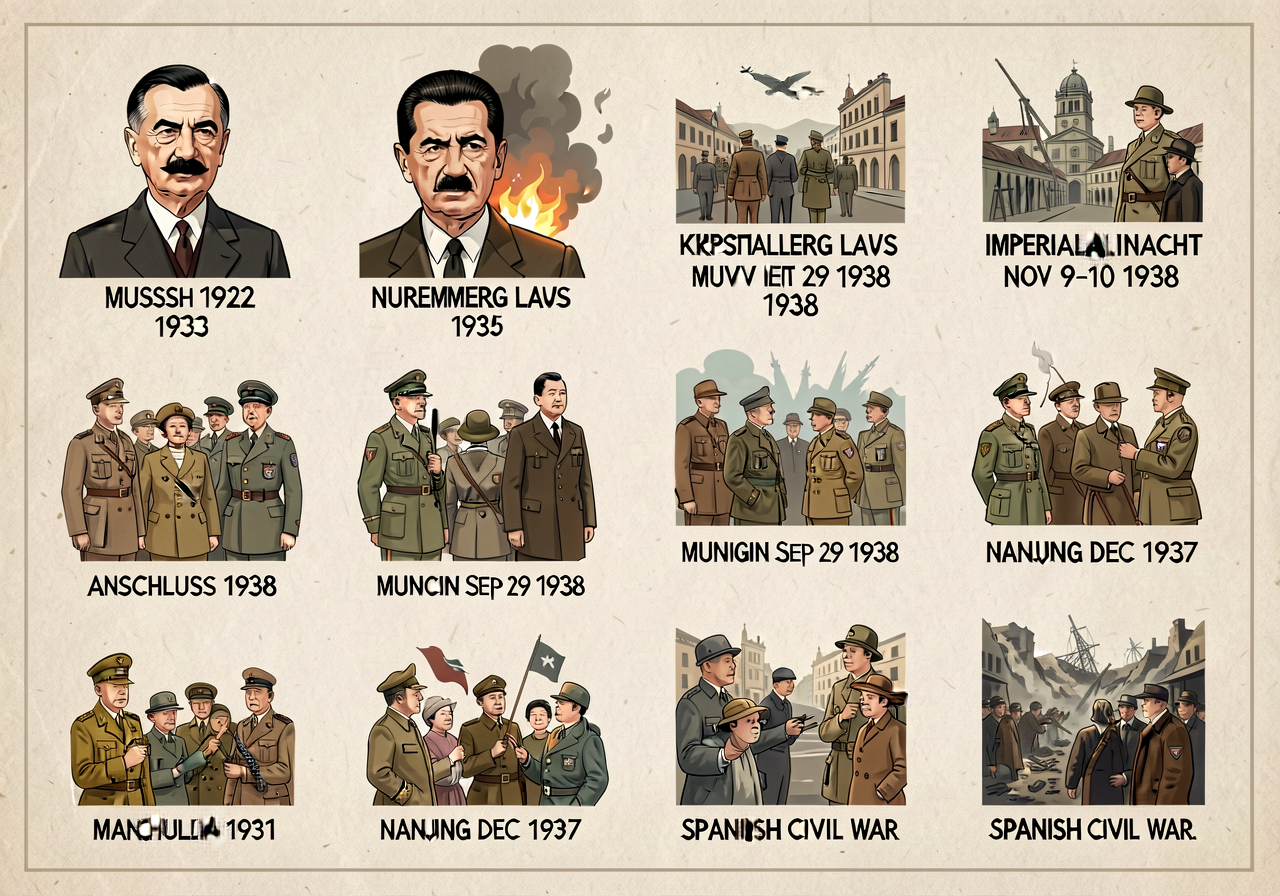 36x48 left third — Mussolini 1922 + Hitler 1933 Reichstag fire + Nuremberg Laws 1935 + Anschluss 1938 + Munich Sept 29 1
