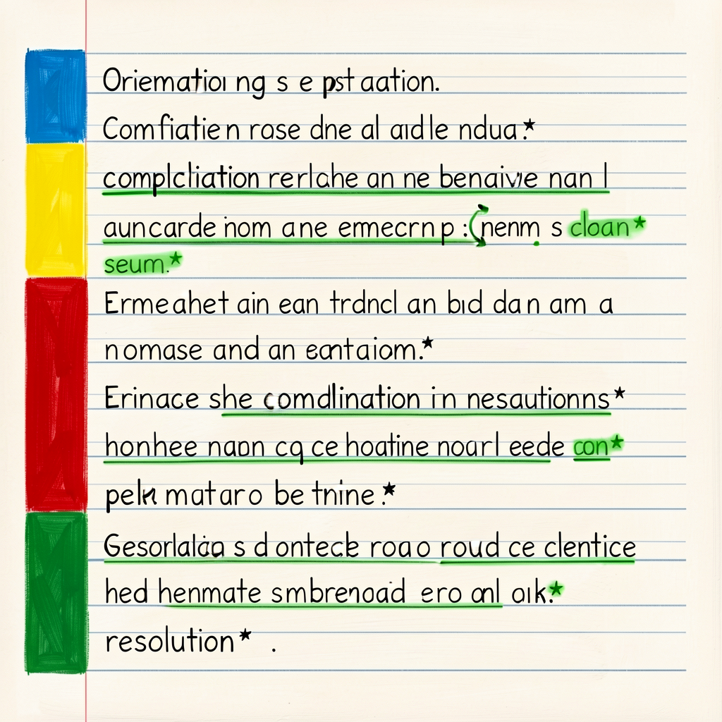 Reference image of a Grade-3 4-paragraph narrative draft with each paragraph color-coded in the left margin (blue=orient