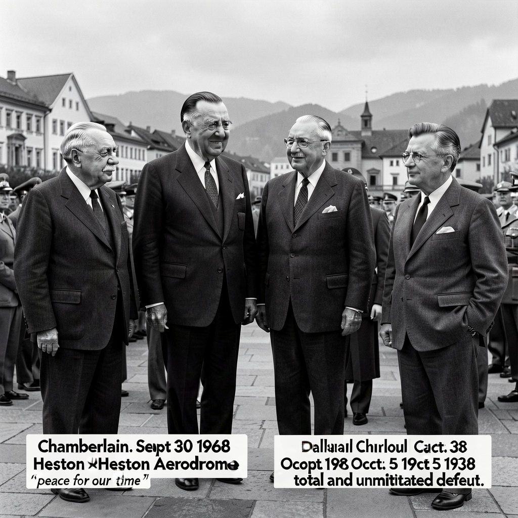 Black-and-white photo Chamberlain + Hitler + Mussolini + Daladier at Munich Sept 29 1938; with Chamberlain Sept 30 1938 