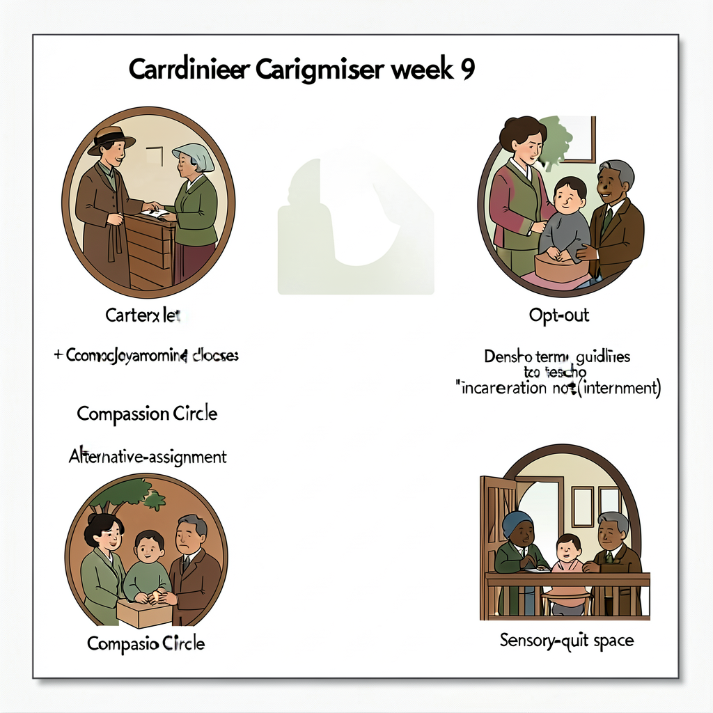 8.5x11 laminated protocol card; caregiver letter week 9 + Compassion Circle close + alternative-assignment + opt-out + s