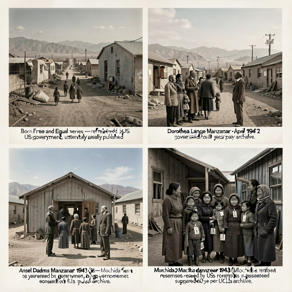 Dual photographs: Ansel Adams Manzanar 1943 (Born Free and Equal series — refused by US government, eventually published
