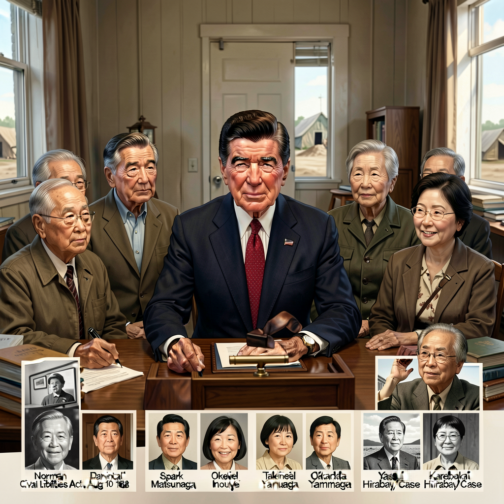 Composite: Reagan signing Civil Liberties Act Aug 10 1988 + ~5 named JA witnesses (Norman Mineta + Daniel Inouye + Spark