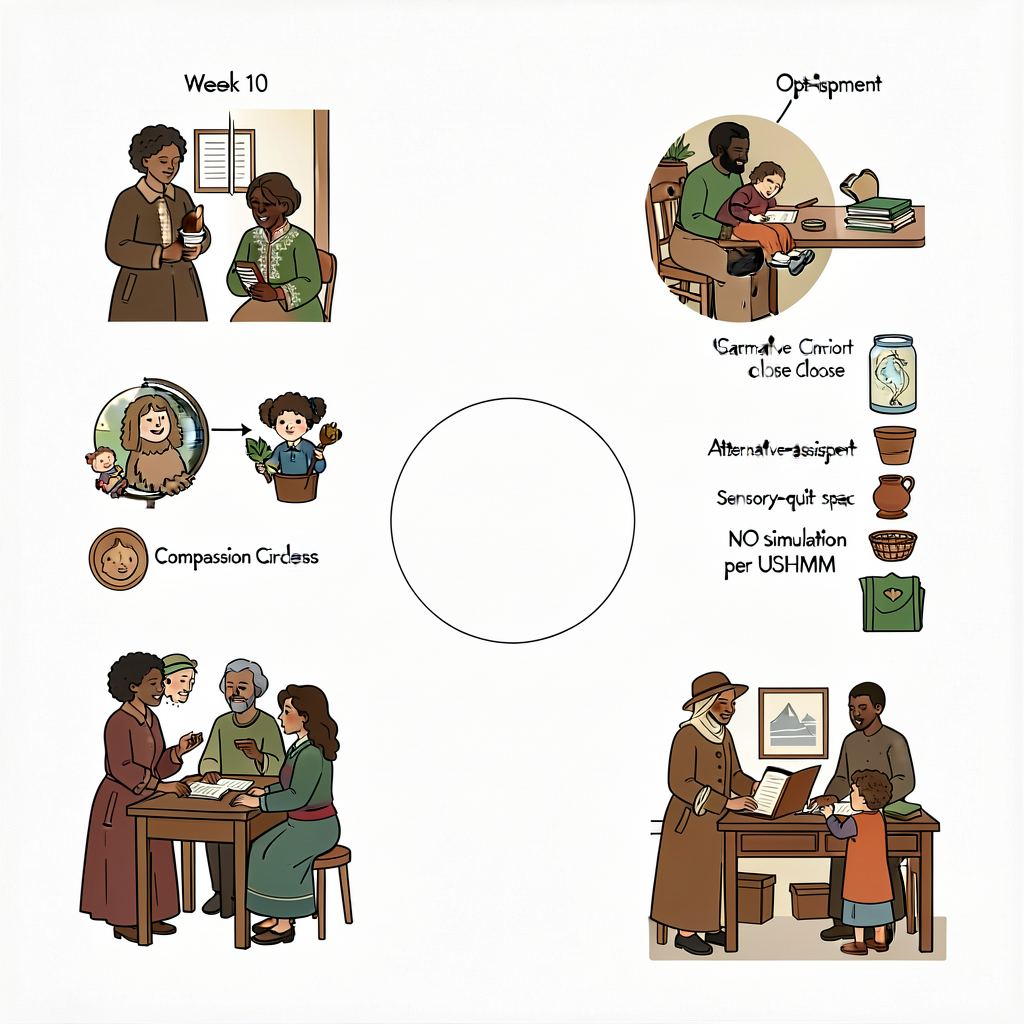 8.5x11 laminated card; caregiver letter week 10 + Compassion Circle close + alternative-assignment + opt-out + sensory-q