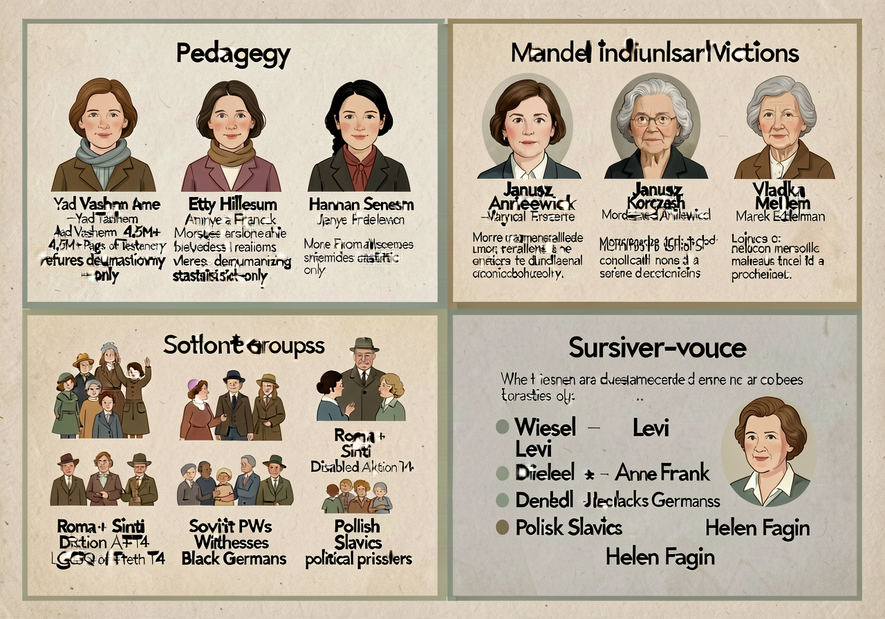 24x36 4-quadrant poster: Quadrant 1 pedagogy (each person has a name + Yad Vashem 4.5M+ Pages of Testimony + refuses deh