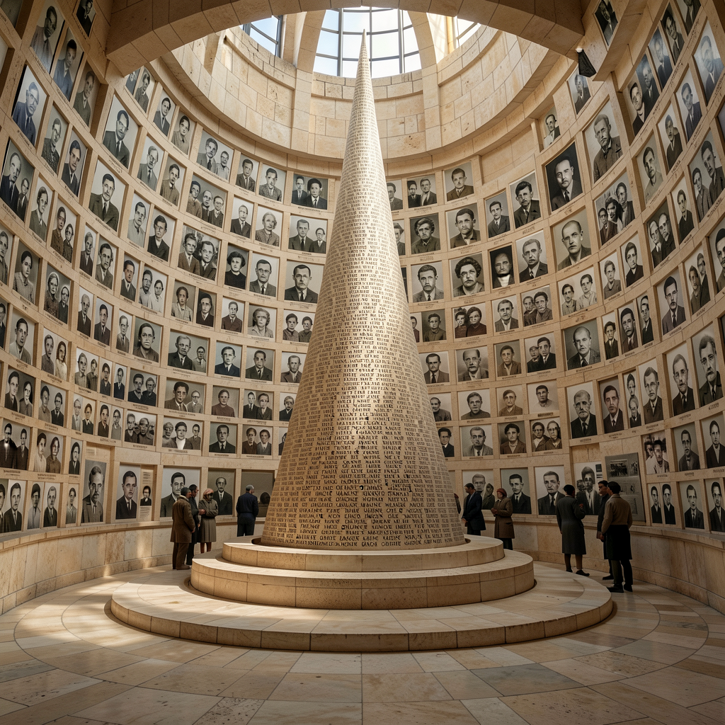 Photograph Yad Vashem Hall of Names rotunda Jerusalem (rotunda with photographs of victims on circular wall + cone of na