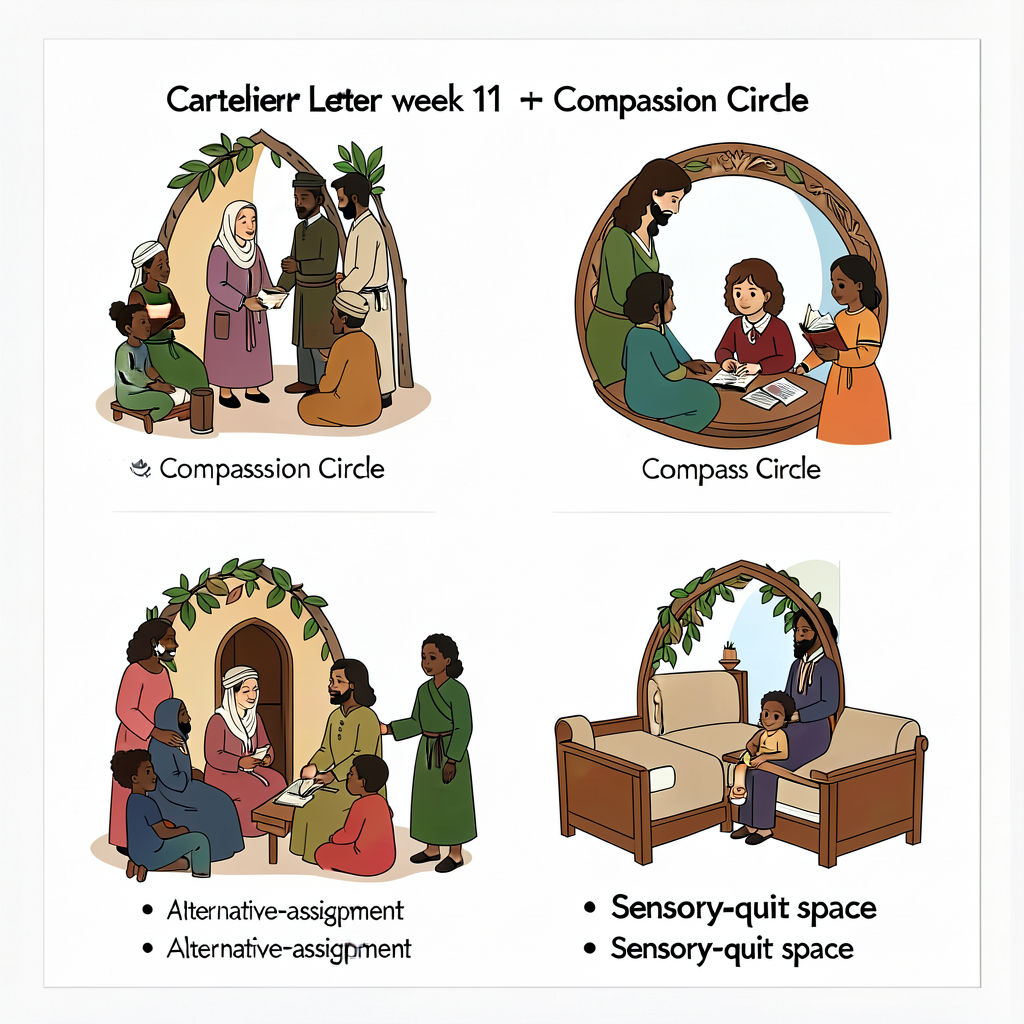 8.5x11 laminated card; caregiver letter week 11 + Compassion Circle close + alternative-assignment + opt-out + sensory-q