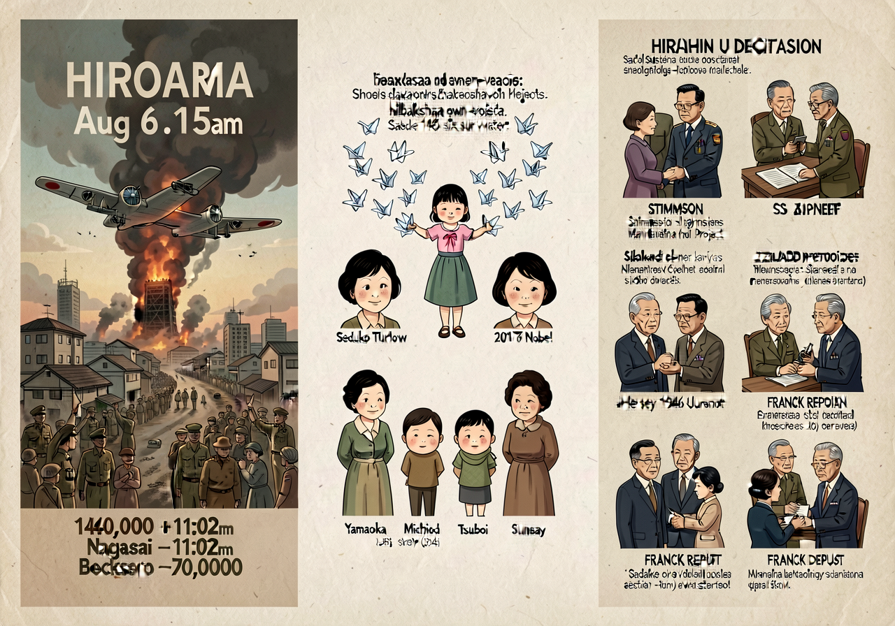 24x36 3-section poster: LEFT Hiroshima Aug 6 1945 8:15am Enola Gay ~140,000 killed + Nagasaki Aug 9 11:02am Bockscar ~70