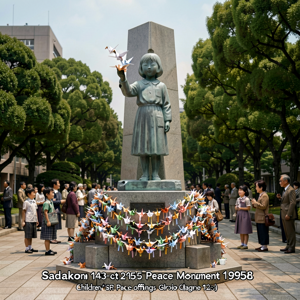 Photograph Children's Peace Monument 1958 Hiroshima Peace Memorial Park (statue of Sadako Sasaki holding origami crane +