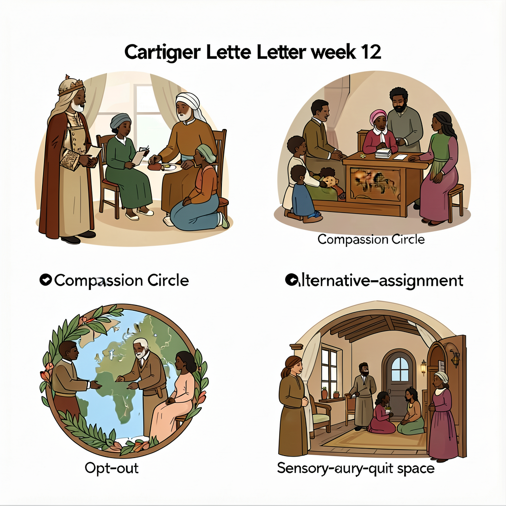 8.5x11 laminated card; caregiver letter week 12 + Compassion Circle close + alternative-assignment + opt-out + sensory-q