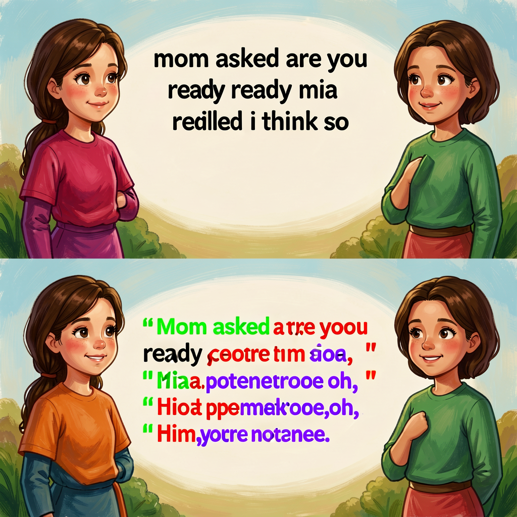 Reference image showing top half: an unpunctuated dialogue 'mom asked are you ready mia replied i think so' in dyslexic-