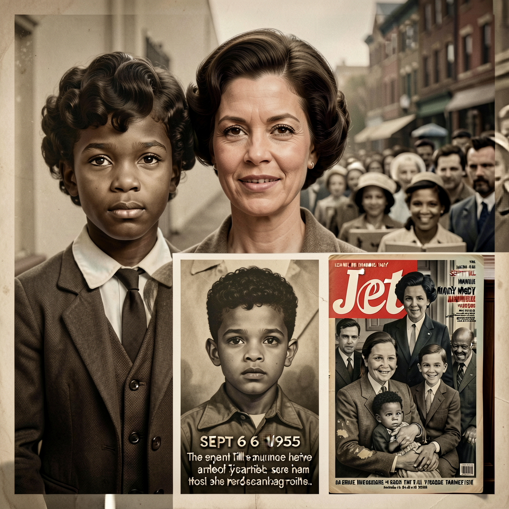 Composite: Mamie Till-Mobley + Emmett Till 1955 (school portrait + family photo) + Mamie Till-Mobley Sept 6 1955 funeral