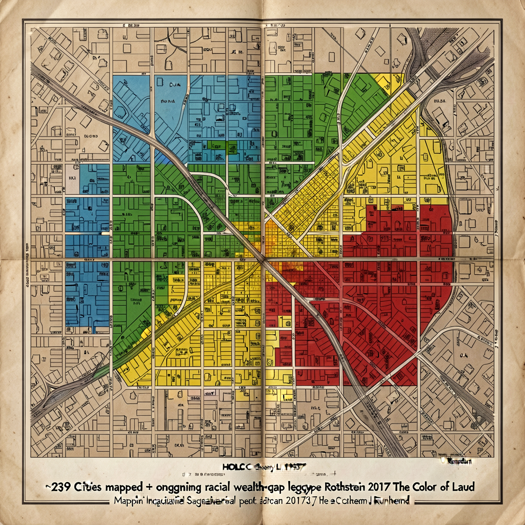 HOLC 1937 residential security map detail (e.g. Chicago or Detroit or LA) showing green-blue-yellow-red coding; Mapping 