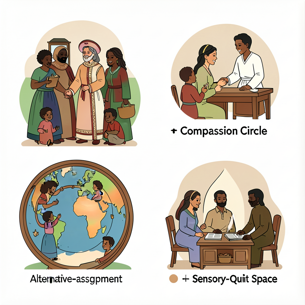 8.5x11 laminated card; caregiver letter week 13 + Compassion Circle close + alternative-assignment + opt-out + sensory-q