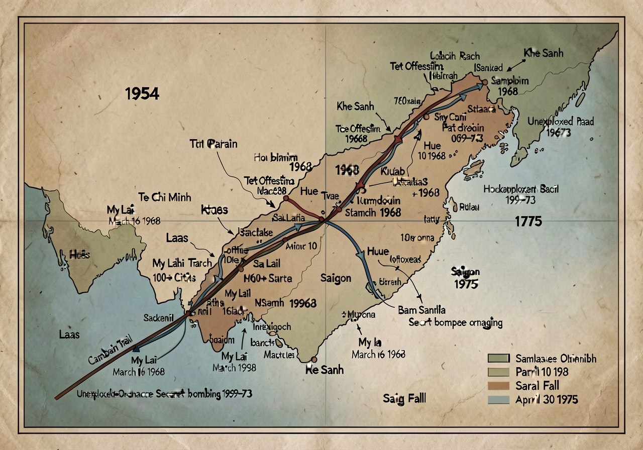 24x36 map; 17th parallel division 1954 + Ho Chi Minh Trail + Tet Offensive 1968 attacks on 100+ cities + Khe Sanh + Hue 