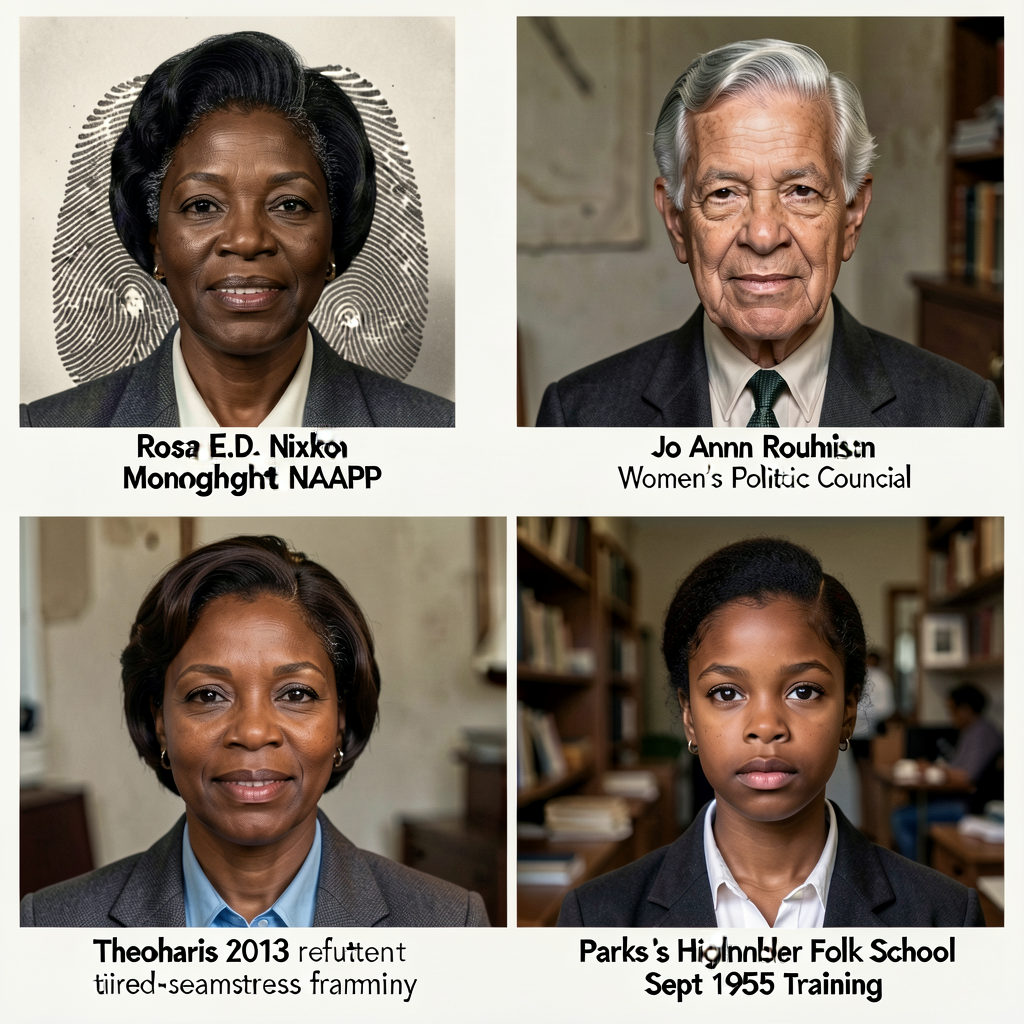 Composite 4-portrait: Rosa Parks 1956 fingerprint photo + E.D. Nixon Montgomery NAACP + Jo Ann Robinson Women's Politica