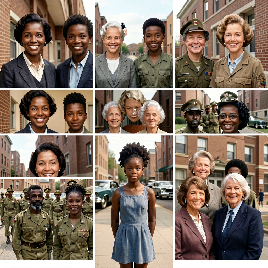 Composite: Little Rock Nine school portraits + Daisy Bates 1957 + 101st Airborne escort photograph Sept 24 1957 + Will C