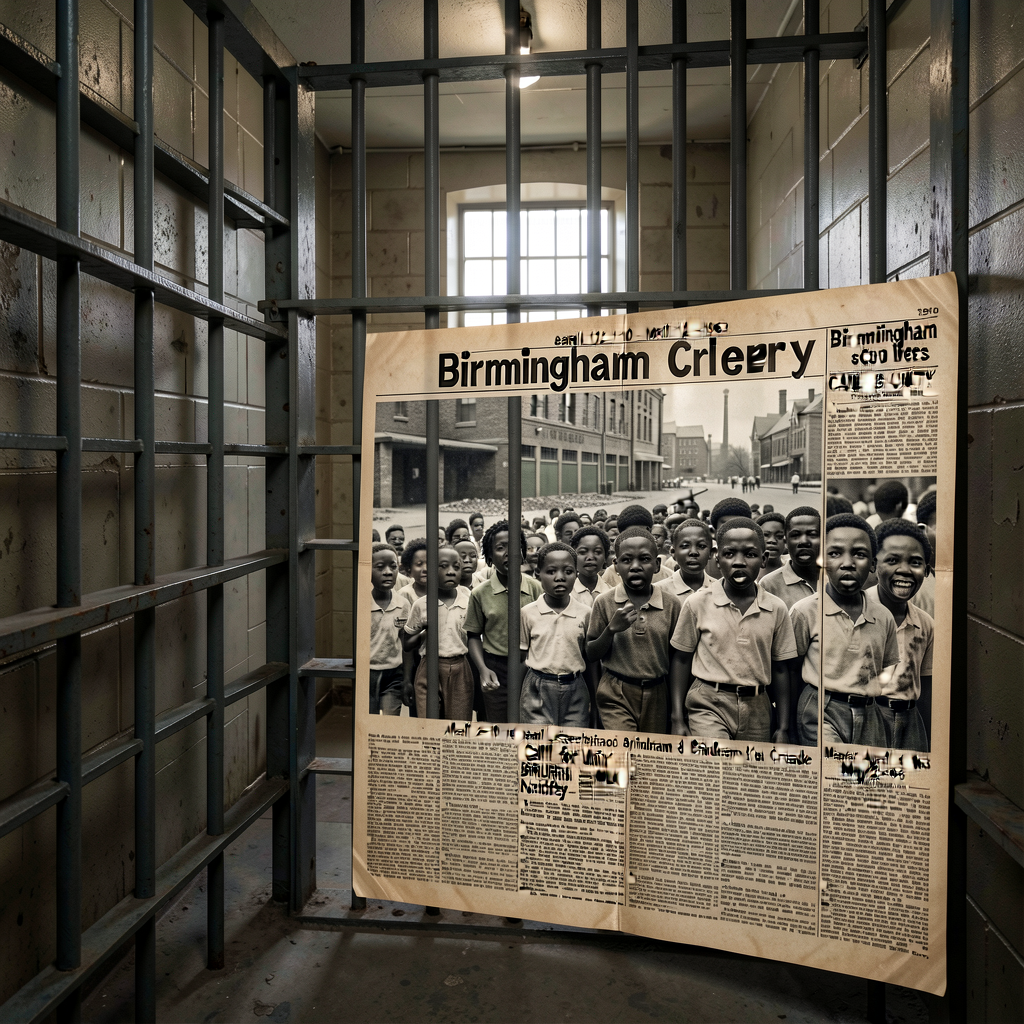 Composite: Birmingham city jail cell with reproduction of margins of newspaper showing MLK's handwritten Letter + Birmin