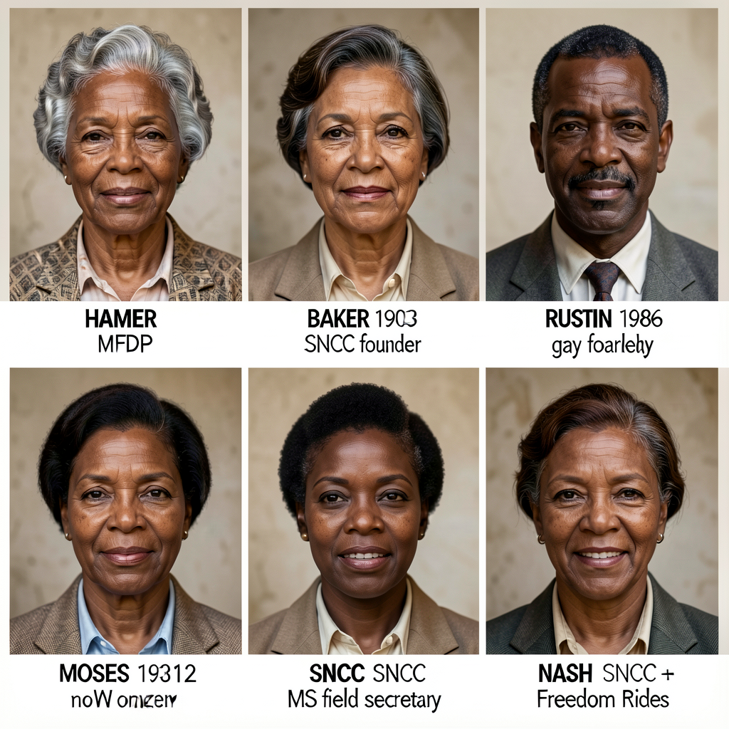 5-portrait composite + 1-line bio each: Hamer (1917-1977 MFDP) + Baker (1903-1986 SNCC founder) + Rustin (1912-1987 MoW 