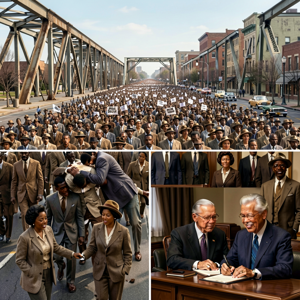 Composite: Bloody Sunday March 7 1965 Edmund Pettus Bridge + John Lewis being beaten (refuses graphic per MG-15 — select