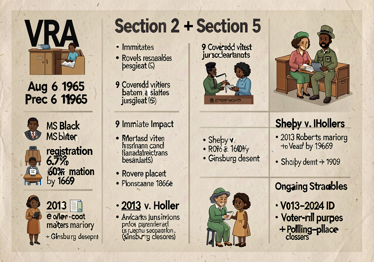 18x24 chart: VRA Aug 6 1965 Section 2 + Section 5 preclearance + 9 covered jurisdictions; immediate impact MS Black vote