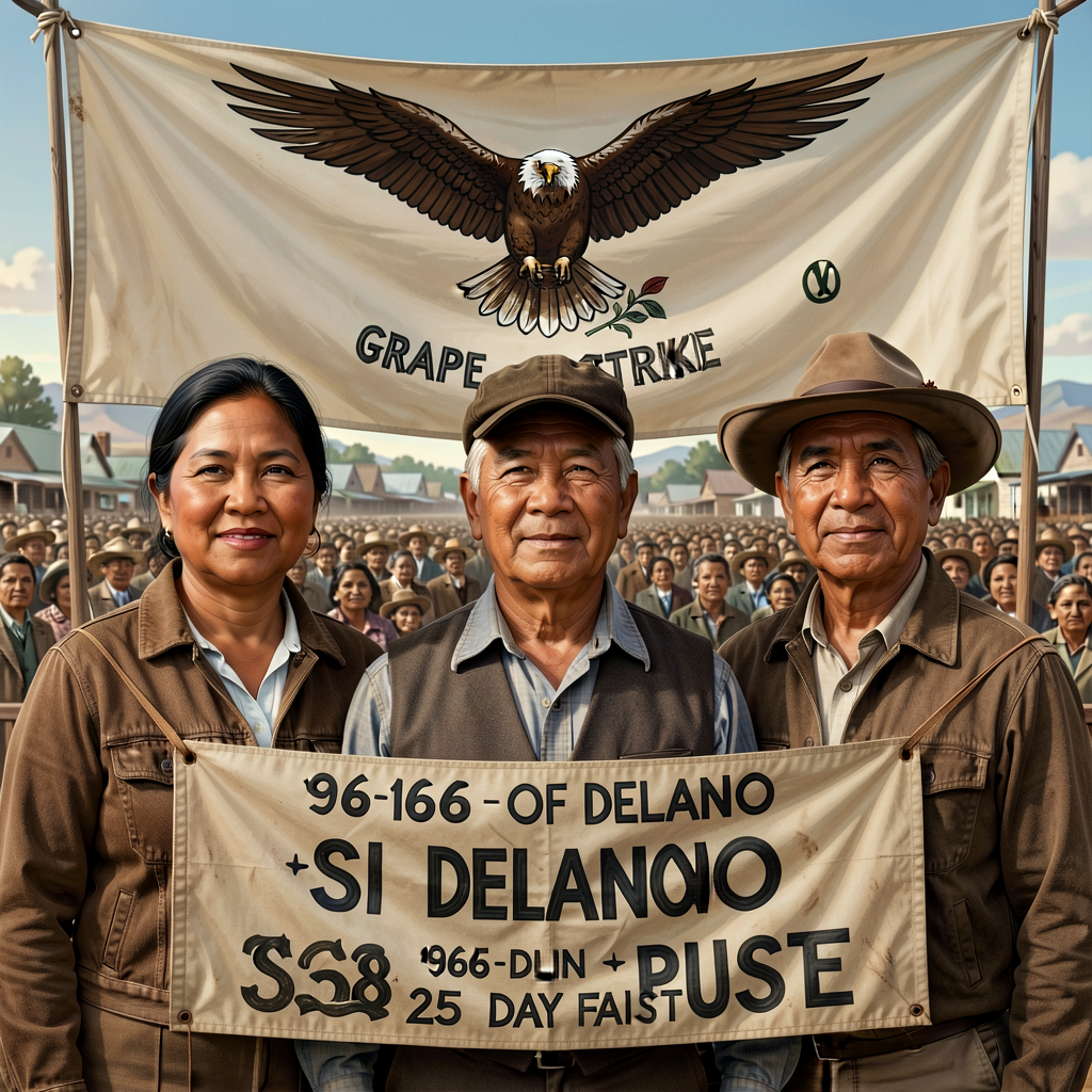 Triple portrait Chavez + Huerta + Itliong (Filipino + Mexican-American refuses Chavez-only framing); UFW eagle banner + 