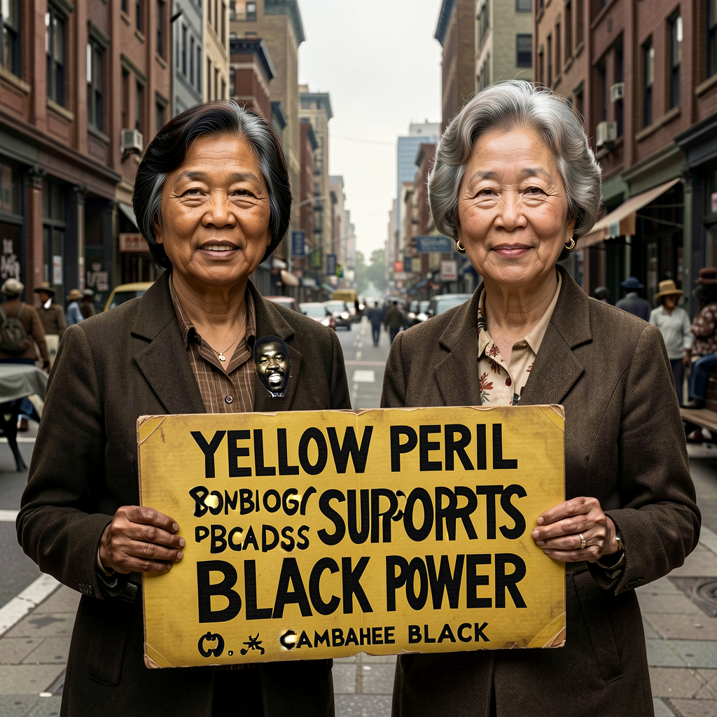 Dual portrait Yuri Kochiyama (1921-2014 Japanese American Black Power + holding Malcolm X 1965) + Grace Lee Boggs (1915-