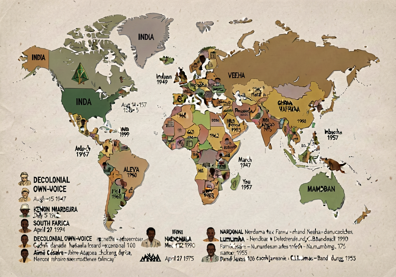 24x36 world map; 100+ nations independent from European empire named with dates: India + Pakistan Aug 14-15 1947 + Indon